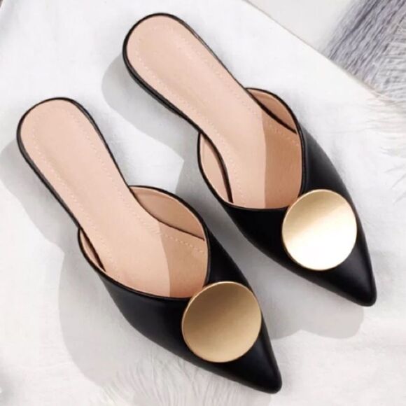 Riveted Black Gold Faux Leather Pointed Toe Flat Mules Shoes - Picture 3 of 15